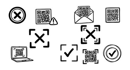 Collection of hand drawn style black and white icons featuring qr codes, check marks, crosses, and...