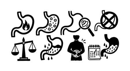 A set of black and white stomach icons illustrating burning sensation, infection, examination, acid reflux prevention, balance, pain, and symptom tracking in minimal style.のイラスト素材