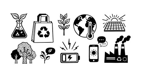 Collection of environmental icons in simple black and white flat design style including recycling, renewable energy, climate change, and sustainability concepts.のイラスト素材
