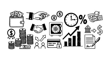A collection of black and white vector icons illustrating money, security, contracts, banking, and growth with clear line art style, suitable for finance materials and presentations.のイラスト素材