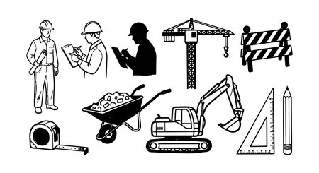 Collection of black and white construction equipment and worker icons including crane, excavator, wheelbarrow, measuring tape, and safety barriers in minimalist vector designのイラスト素材