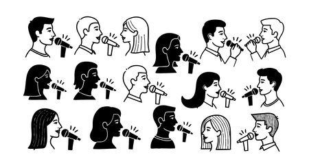 A collection of black and white vector icons showing men and women singing into microphones, featuring varied hairstyles and profile views, in minimalistic style.のイラスト素材