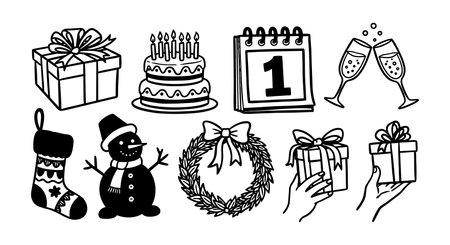 A collection of hand drawn holiday and celebration icons featuring gifts, cake, snowman, stocking, wreath, calendar, and toasting glasses in black line art style, festive and playful.のイラスト素材