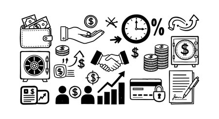 Collection of black outline financial and business icons depicting money, security, contracts, growth, and payments in minimalist style for versatile use.のイラスト素材
