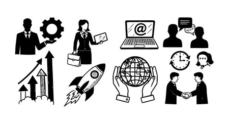 Simple black and white business icons in vector format including professional figures, communication, growth arrows, rocket launch, and global collaboration symbols in minimal style.のイラスト素材