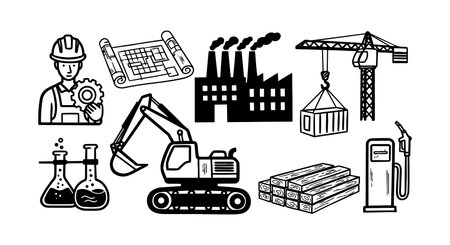 Vector collection showcasing industrial themes such as engineer with gear, blueprint, excavator, chemical flasks, lumber, and fuel pump in minimalist style.のイラスト素材