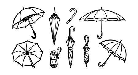 Various hand drawn umbrella sketches in black and white showing open and closed forms with curved handles, presented in simple line art style for diverse design use.のイラスト素材
