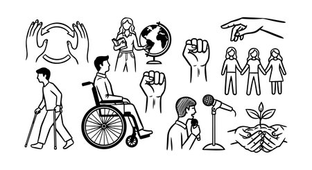 Black and white vector line art set illustrating disability, activism, education, community unity, and environmental care for diverse social causes and advocacy work.のイラスト素材