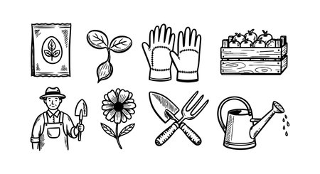 Black and white hand drawn vector of gardening tools, gloves, watering can, flower, seed packet, and gardener holding a trowel, depicting gardening activity icons in vintage style.のイラスト素材