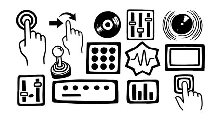 Collection of black and white vector line art icons featuring touchscreen gesture symbols, joystick, control panels, and interactive buttons for digital interfaces.のイラスト素材