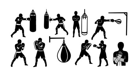 Dynamic silhouettes of boxing athletes practicing with punching bags and gloves in varied fighting stances, highlighting strength and focus in training sessions.のイラスト素材