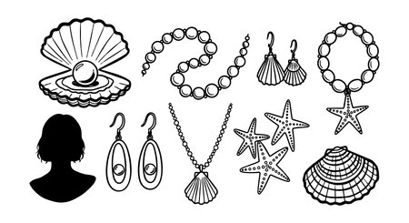 Delicate black and white line art featuring a pearl necklace, shell pendant, starfish charms, earrings, and a silhouette portrait for decorative uses, minimalistic style.のイラスト素材
