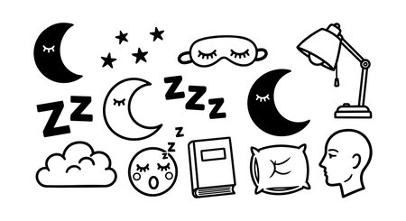 Collection of black and white sleep themed line art icons featuring moons, stars, clouds, a sleeping mask, lamp, and profile face with peaceful expression in minimalist styleのイラスト素材