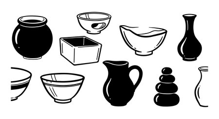 Black and white vector illustration features diverse ceramic vessels and stacked stones in silhouette style, suitable for graphic design, print, and craft projects, minimalistic mood.のイラスト素材