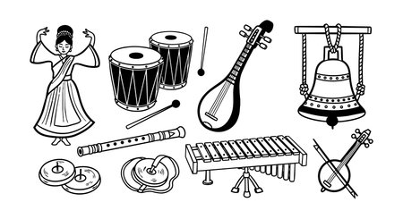 Intricate black and white line art featuring traditional asian musical instruments including drums, lute, flute, and bell with a dancing figure, elegant depiction cultural.のイラスト素材