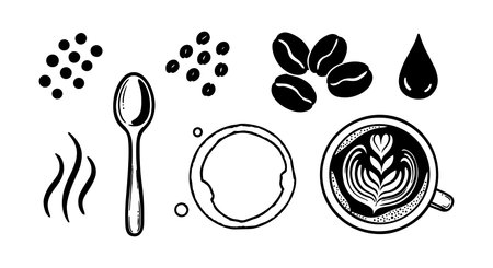 Simple black and white coffee icons showcase spoon, steam, coffee beans, cup rim, drop and heart shaped latte art in clean minimalistic style for branding use.のイラスト素材