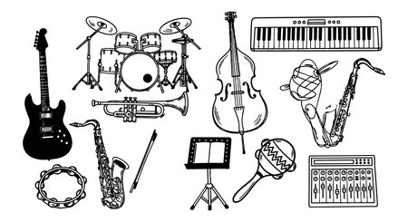 Minimalist black line art displays a variety of musical instruments like guitar, drums, keyboard, and maracas, capturing classic music elements in simple form.のイラスト素材