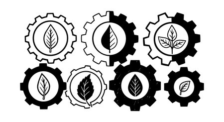 Monochrome flat design vector shows gears combined with leaf icons symbolizing agriculture, environment, and sustainability themes in simple visual styleのイラスト素材