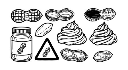 A hand drawn line art illustration depicts peanut shells jar and warning triangle, used for packaging and allergen labeling, informative.のイラスト素材