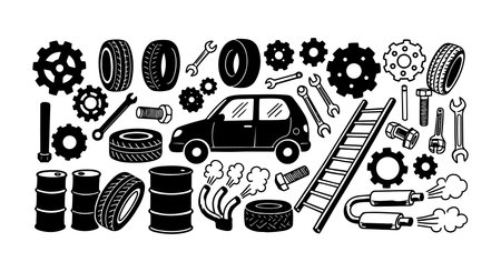 Collection of black silhouette icons showing tires, car parts, tools, oil barrels, and ladder in flat design for automotive repair and maintenance theme.のイラスト素材