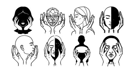 Surreal black and white line art depicts diverse faces holding abstract spheres and masks, showing emotional contrast and mystery, perfect for artistic or psychological themes.のイラスト素材