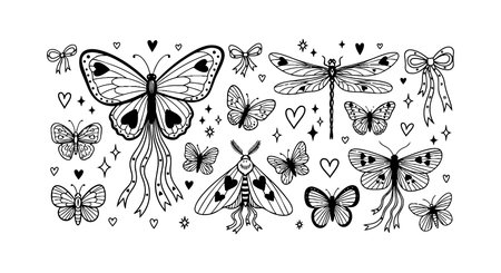A delicate black and white line art featuring various butterfly and moth species with dragonflies and decorative hearts, bows in whimsical style for print or craft usage.のイラスト素材