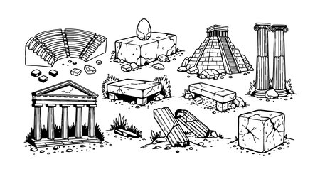 Detailed black and white vintage style sketch depicting ancient greco roman ruins with temples, columns, altars, and amphitheater, suited for educational or historical illustrations.のイラスト素材