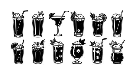 A black and white silhouette set of assorted cocktail drinks featuring straws and fruit garnishes, ideal for menu design or bar branding in minimalist style.のイラスト素材