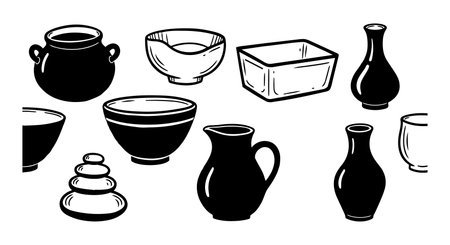 A collection of vintage style ceramic bowls, pitchers, and rounded stacking stones depicted in bold black and white line art against a white background, minimalist and clean.のイラスト素材