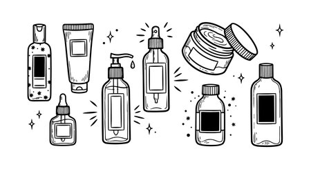 Black and white line art illustration of various cosmetic bottles, tubes, and jars including spray pumps and droppers, minimalistic style for beauty branding and packaging designのイラスト素材