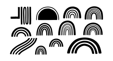 Minimalist black geometric rainbow shapes with bold lines and smooth curves in a modern abstract style, suitable for graphic design and print projects, clean and striking.のイラスト素材