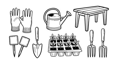 Simple black and white line art illustration showcasing various gardening tools, gloves, watering can, seedling tray, and a table in clear, minimal style.のイラスト素材