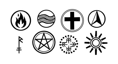 Collection of black and white mystical symbols including fire flame, water waves, cross, pentagram, and sun icons in simple line art style, spiritual and abstract mood.のイラスト素材
