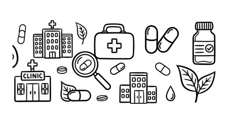 Seamless pattern of black and white hand drawn medical icons showing clinics, hospitals, pills, and magnifying glass combined with natural leaves in line art style.のイラスト素材