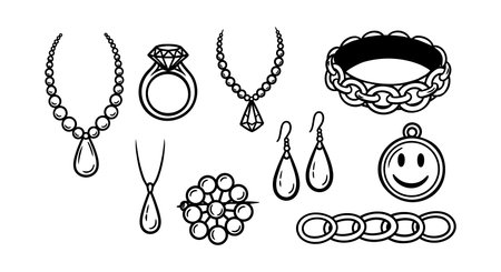 Line art illustration showcases various jewelry including rings, bracelets, necklaces, and earrings in black and white, suitable for design and fashion concept artworks.のイラスト素材