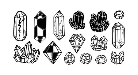 Detailed black and white line drawing of assorted crystals and clusters highlighting geometric facets and natural mineral forms in an illustrative style.のイラスト素材