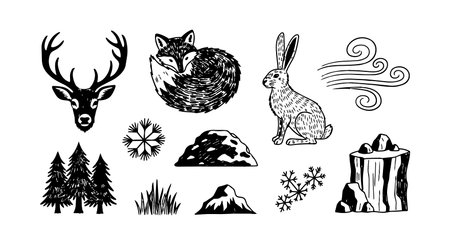 A black and white ink illustration composed of a deer head, curled raccoon, rabbit, wind swirls, forest trees, snowflakes, grass, and a log, natural and serene.のイラスト素材