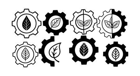 Monochrome vector set of gear icons combined with diverse leaf silhouettes, representing eco technology and sustainability themes in flat design style.のイラスト素材