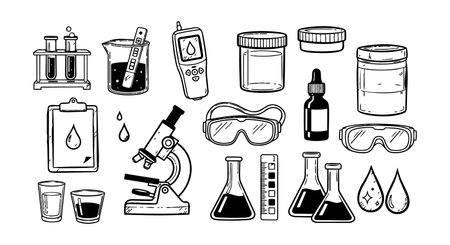 A black and white hand drawn set of laboratory equipment including microscope, test tubes, beakers, safety goggles, and droppers in line art style, ideal for educational or scientific contexts, clean and detailed.のイラスト素材