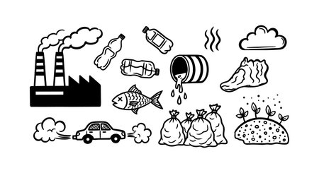 Hand drawn black and white line art depicts industrial pollution, vehicle emissions, waste disposal, and environmental damage in a simple illustrative style, conceptual and impactful.のイラスト素材