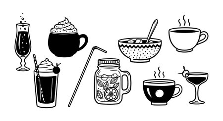 Minimalist black line art displays a variety of hot and cold beverages such as coffee, tea, cocktails, and smoothies in a clean illustration style.のイラスト素材