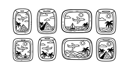 A set of black and white line art illustrations depicting airplane window views featuring tropical islands, pyramids, palm trees, and ocean scenes in varying perspectives.のイラスト素材