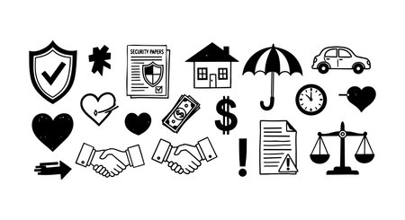 A diverse collection of black and white business icons illustrating money, contracts, handshakes, protection shields, and legal symbols for corporate and financial use.のイラスト素材
