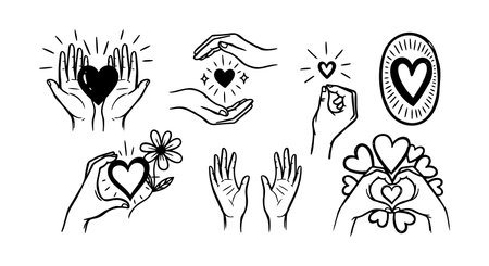Minimalist black and white line drawings depict hands holding hearts and flowers in various caring and loving gestures conveying affection and warmth.のイラスト素材