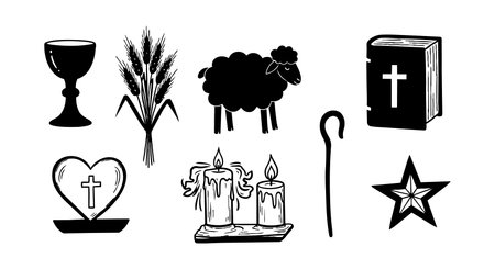 Black and white line art displays a collection of religious symbols such as a chalice, lamb, candles, cross heart, and bible in a simple illustration style.のイラスト素材