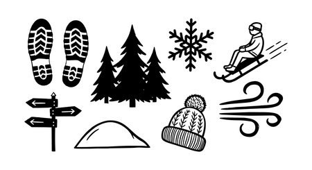 Collection of black winter themed vector silhouettes featuring hiking footprints, pine trees, snowflake, skier, tent, knit hat, directional signs, and wind gust symbolのイラスト素材