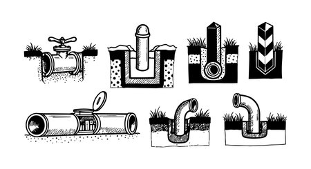 Technical black and white line drawing depicts different types of pipe joints, bends, valve connections, and fittings in a plumbing context, detailed and precise.のイラスト素材