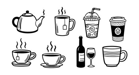 A collection of simple black line art showing various coffee cups, a teapot, coffee to go cups, and wine glass with steam, minimalistic style for print or illustration.のイラスト素材