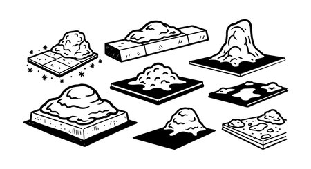 Ink wash style illustration depicting different soil mounds with varied shapes and textures on flat panels, conveying organic, natural forms, and earthy details.のイラスト素材
