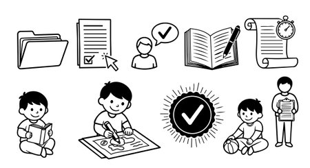 Simple black and white vector icons show kids reading books, writing, holding checklist, and folder symbols in an educational and learning themed style.のイラスト素材